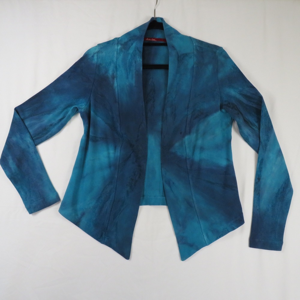 Barbara Lesser Tie Dye Open Front Cardigan Teal Blue Artsy‎ Bohemian Style